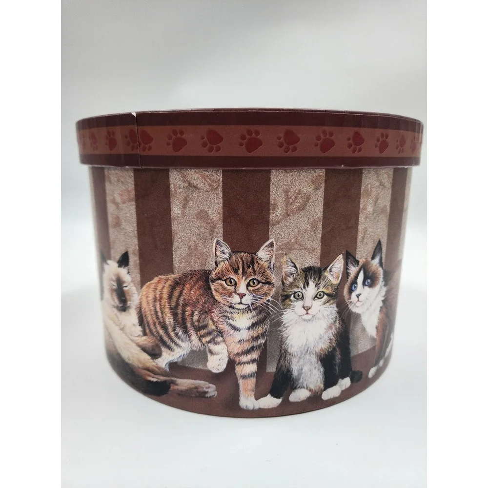 Nesting Cat Storage Boxes Set of 3 Round Decorative Organizers with Trays Brown